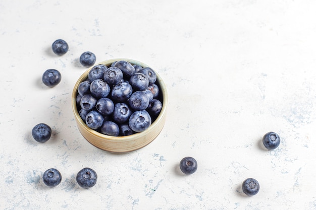 Various fresh summer berries, blueberries, red currant, top view.