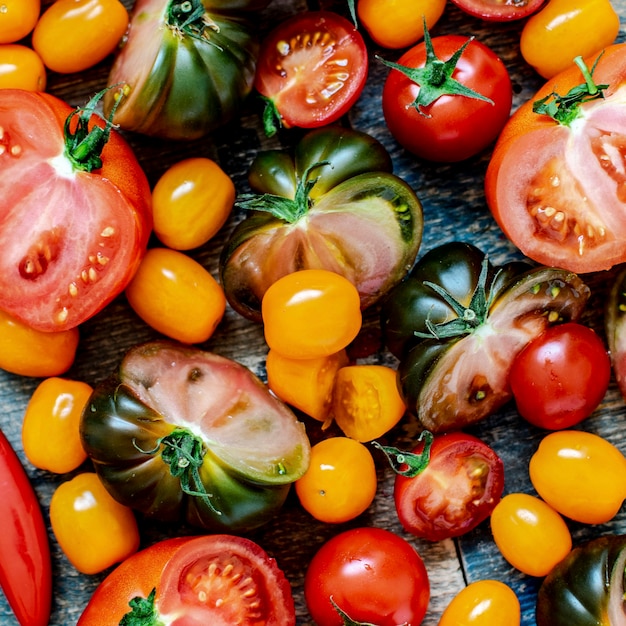 Various fresh tomatoes aerial view