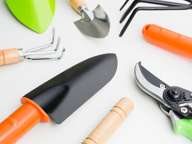 Various gardener inventory on white background