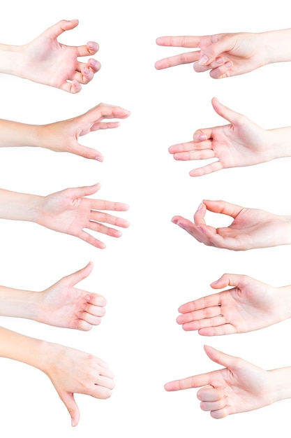 Vari gesti della mano isolato su sfondo bianco