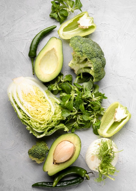 Various green veggies flat lay