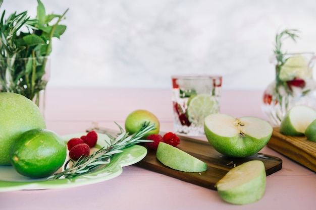 Various healthy fruits on wooden table top