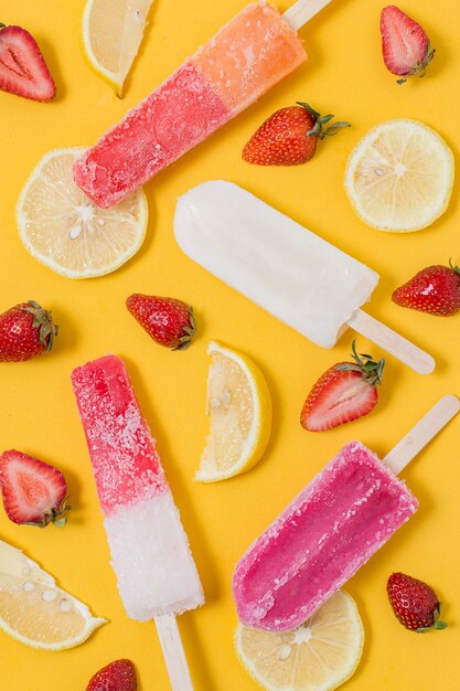 Various of ice cream flavours with lemon and strawberry