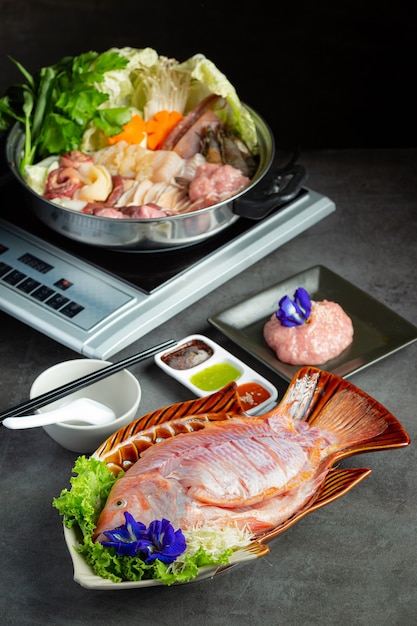 Various ingredients of shabu hot pot with sauce