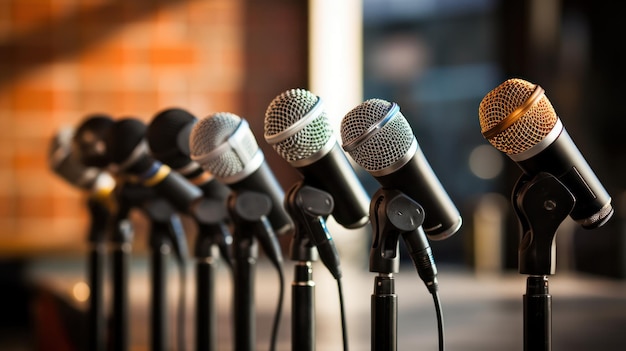 Бесплатное фото Различные микрофоны выровнены на пресс-конференции