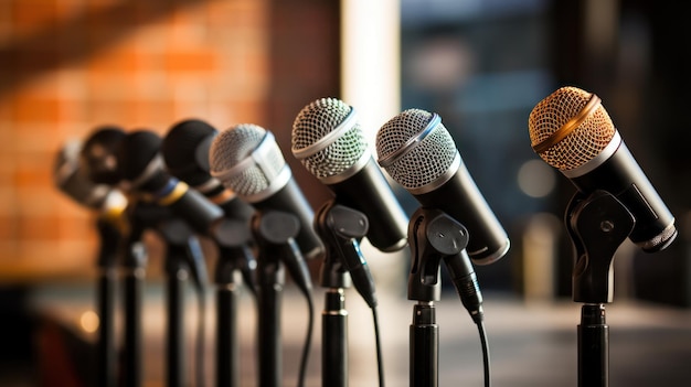 Diversi microfoni allineati alla conferenza stampa