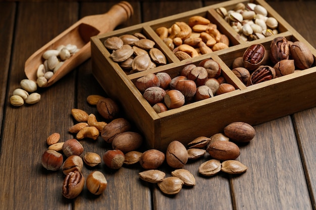 Various nuts in wooden box