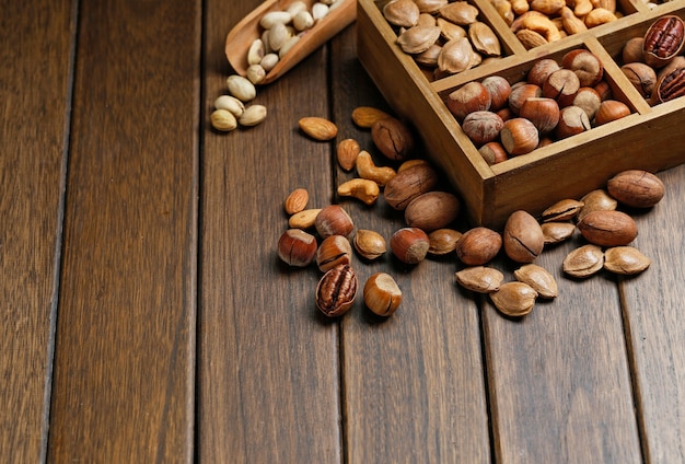 Various nuts in wooden box