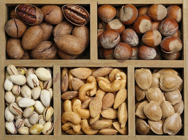 Various nuts in wooden box