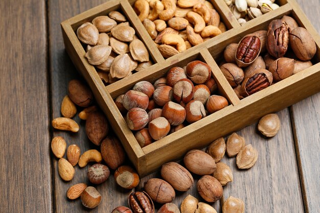 Various nuts in wooden box