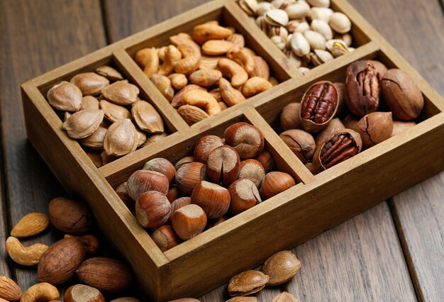 Various nuts in wooden box