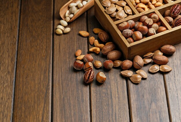 Various nuts in wooden box