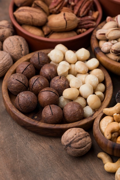 Various organic nuts snack in bowl high view