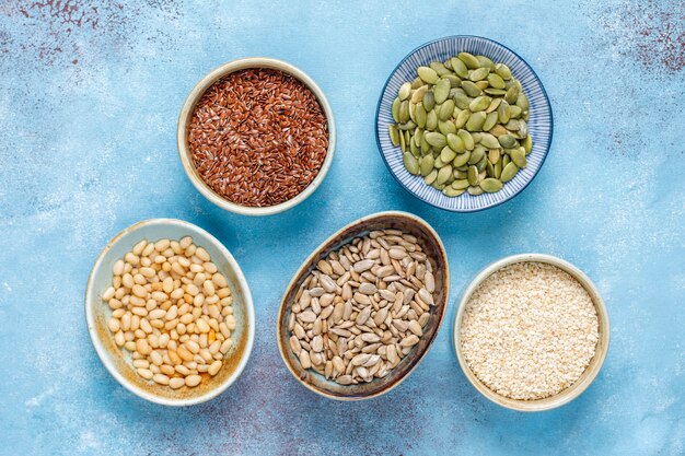 Various seeds - sesame, flax seed, sunflower seeds, pumpkin seeds for salads.