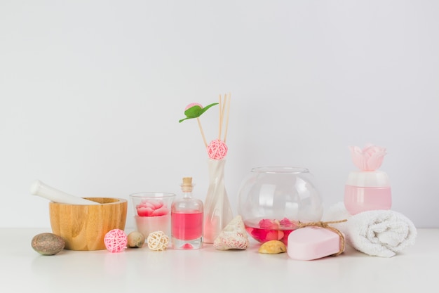 Various spa products on white tabletop