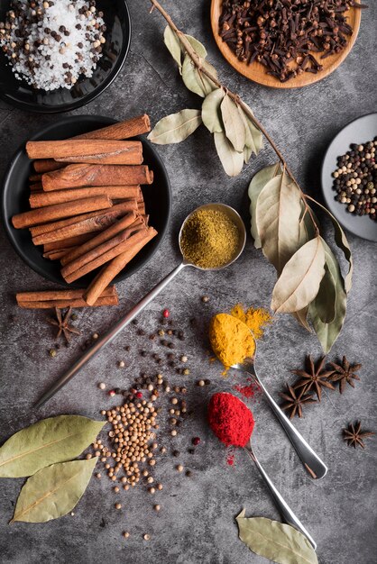 Various spices on stucco background