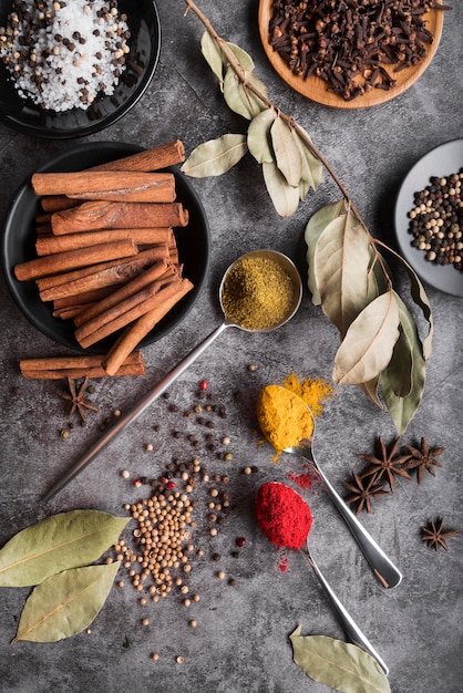 Various spices on stucco background