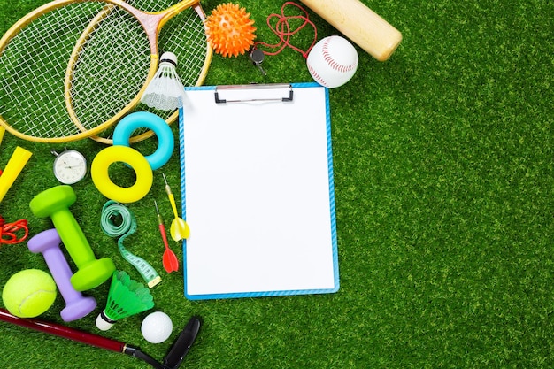 Various sport tools on grass