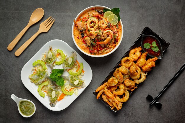 various thai spicy seafood dishes