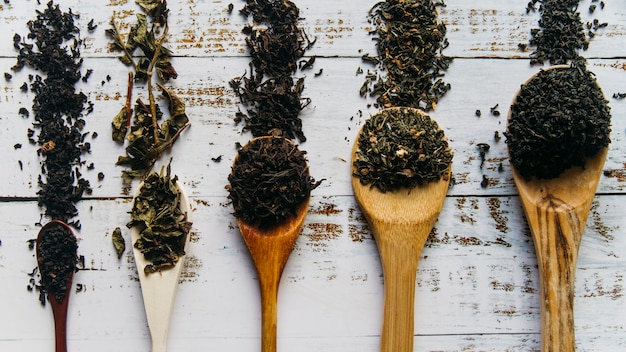 Various type of tea herbs on wooden spoon over the white wooden desk