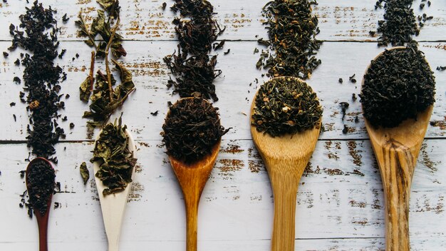 Various type of tea herbs on wooden spoon over the white wooden desk
