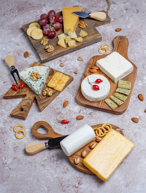 Free photo various types of cheese on light  brown surface