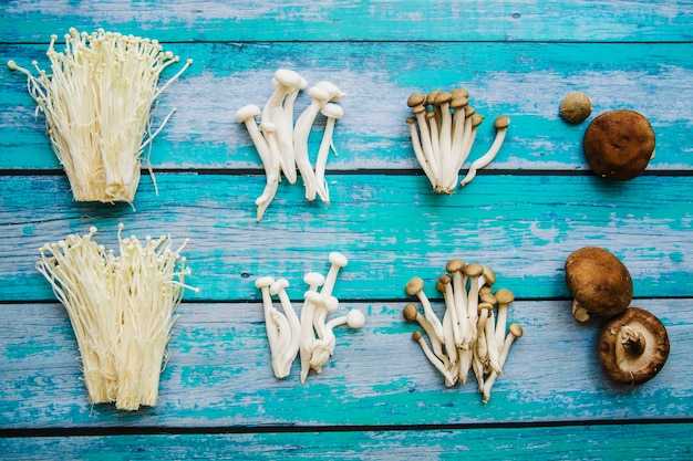 Various types of raw healthy mushrooms arranged over old wooden table