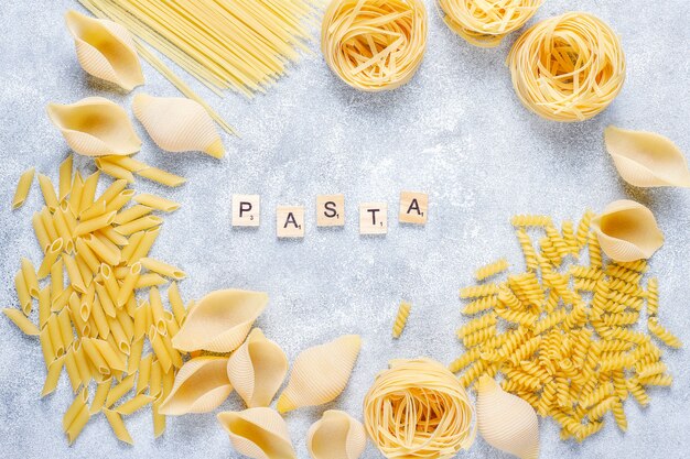 Various types of uncooked pasta.