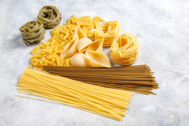 Various types of uncooked pasta.