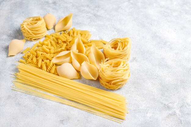 Various types of uncooked pasta.