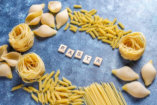 Various types of uncooked pasta.