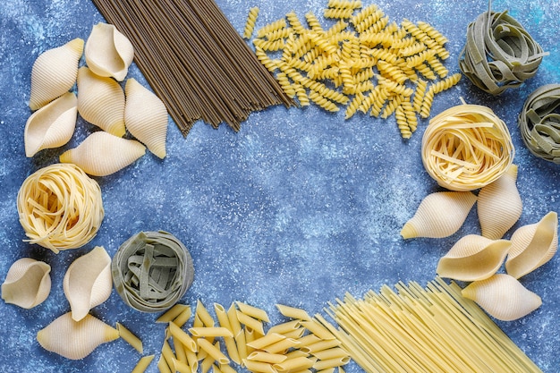 Various types of uncooked pasta.