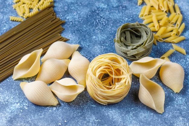 Various types of uncooked pasta.