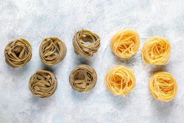 Various types of uncooked pasta.