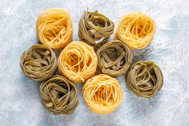 Various types of uncooked pasta.