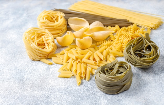 Various types of uncooked pasta.