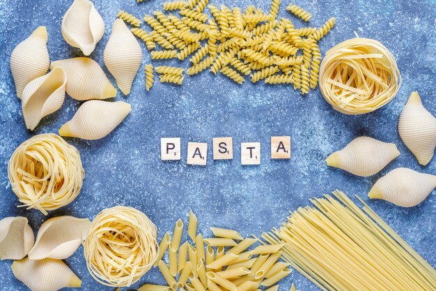 Various types of uncooked pasta.