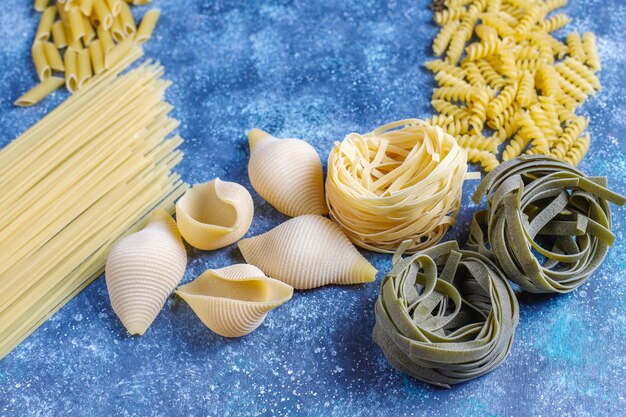 Various types of uncooked pasta