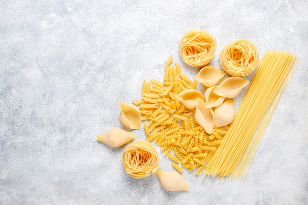 Various types of uncooked pasta.