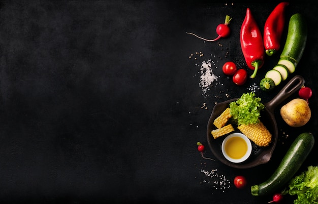 Various vegetables on a black table with space for a message