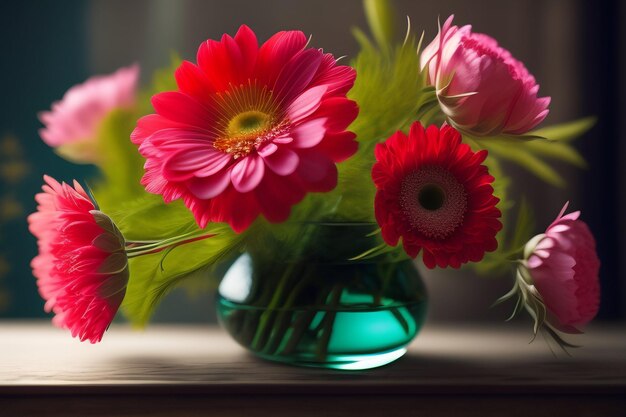 A vase of flowers is on a table with a green vase.