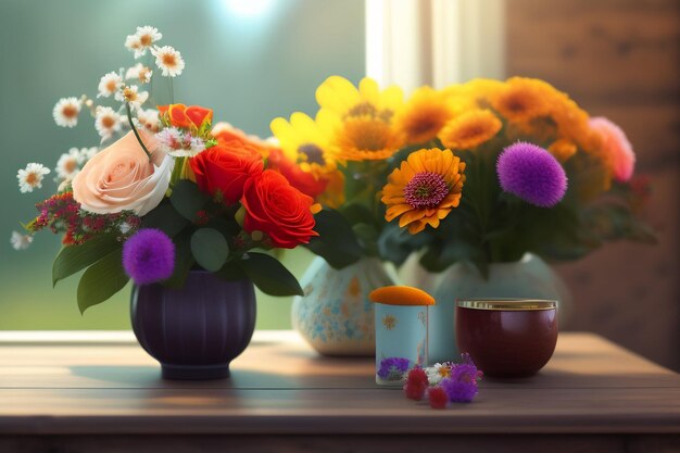 A vase of flowers on a windowsill with a cup of tea and a bouquet of flowers.