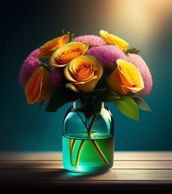 青い花瓶のあるテーブルの上に、バラの花瓶が置かれています。