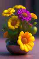 Free photo a vase with a purple and yellow flower in it