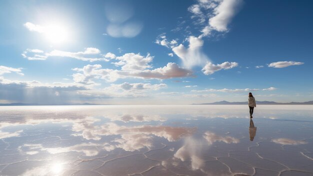 A vast salt flat extending in all directions reflecting the intense sunlight