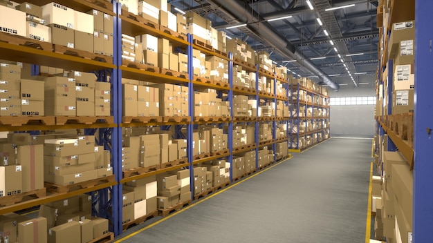 Free photo vast storage building full of products placed on industrial racks with tag