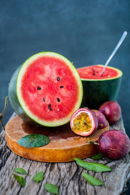 Vegan breakfast Watermelon with passion fruit