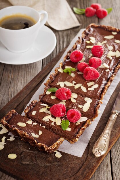 Vegan chocolate tart with almonds