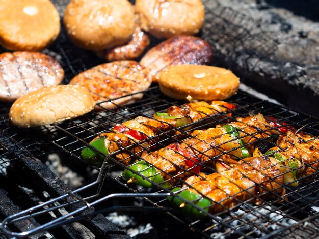 Vegetable and meat frying on coal