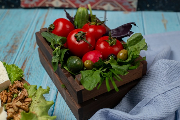 Овощной лоток с помидорами, зеленью и огурцом.